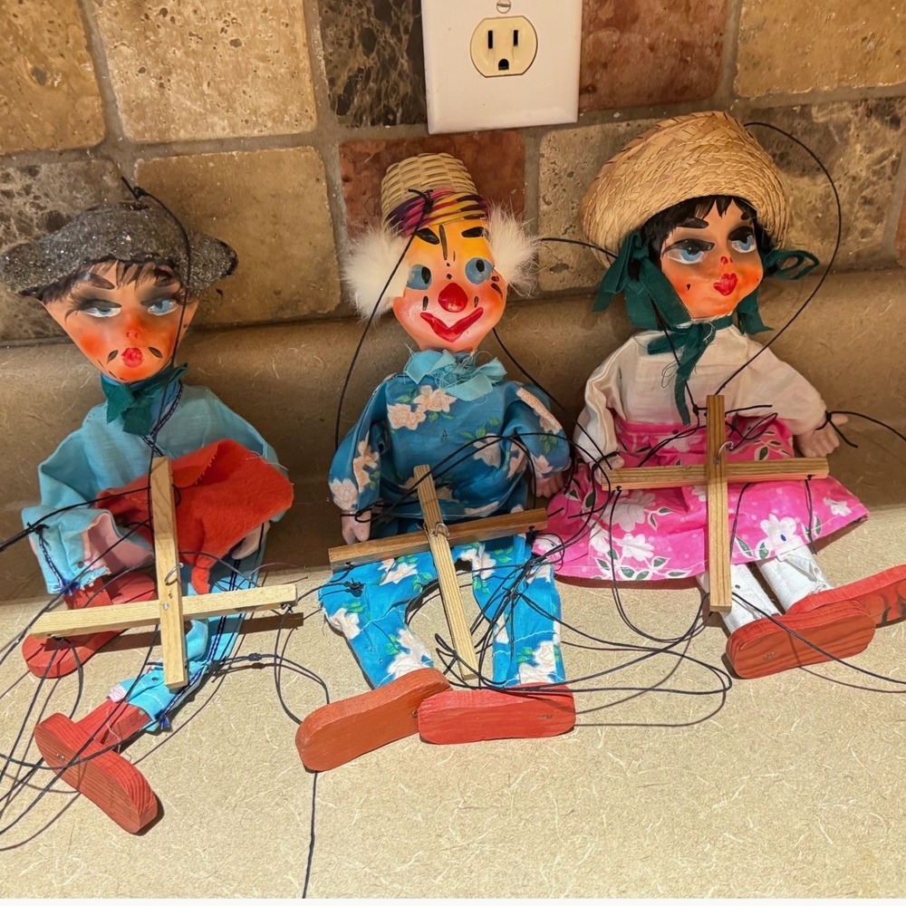 Vintage Marionette Puppet Trio Clown Boy Girl Hand Painted String Puppets Set